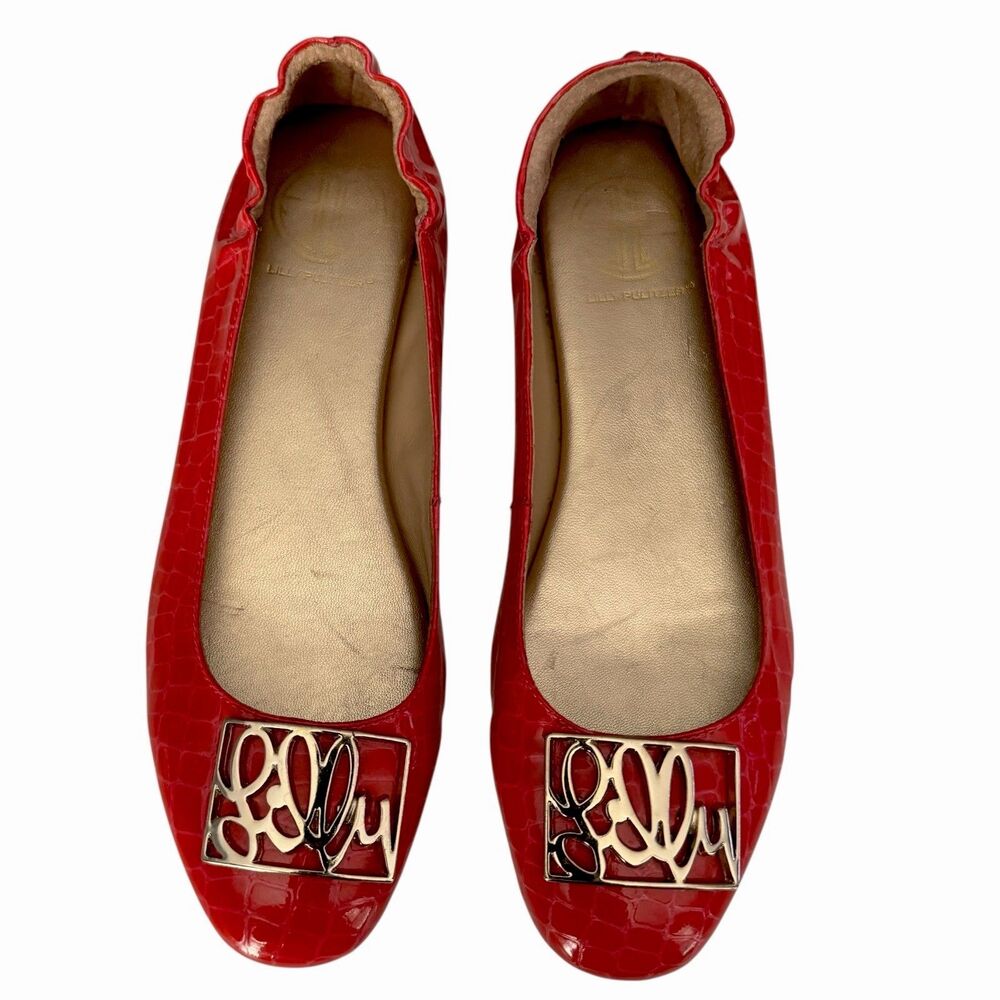 Lilly Pulitzer Red Patent Tortoise Shell Gold Metal Logo Ballet Flats Women’s 9M